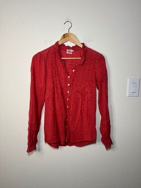 Faherty Organic Cotton Button Up Top Women's SM Rust Red Textured Boho Peasant